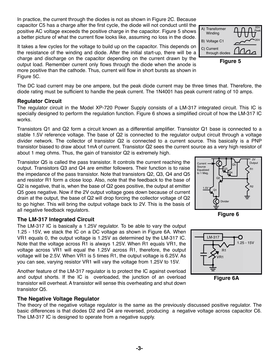 Regulator circuit, The lm-317 integrated circuit, The negative voltage regulator | Figure 5, Figure 6, Figure 6a | Elenco Triple Supply w/ 12.6VAC CT @ 1A User Manual | Page 4 / 8