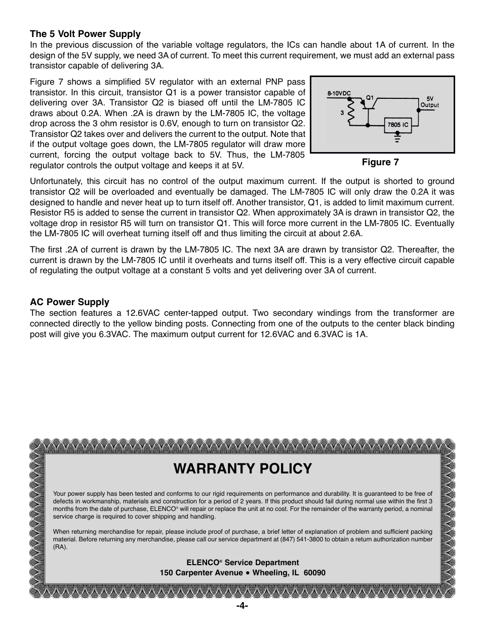 Warranty policy | Elenco Triple Supply w/ 12.6VAC CT @ 1A User Manual | Page 5 / 8