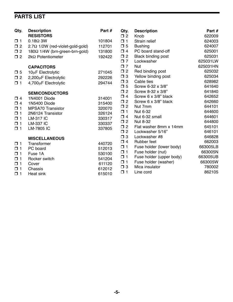 Parts list | Elenco Triple Supply w/ 12.6VAC CT @ 1A User Manual | Page 6 / 8