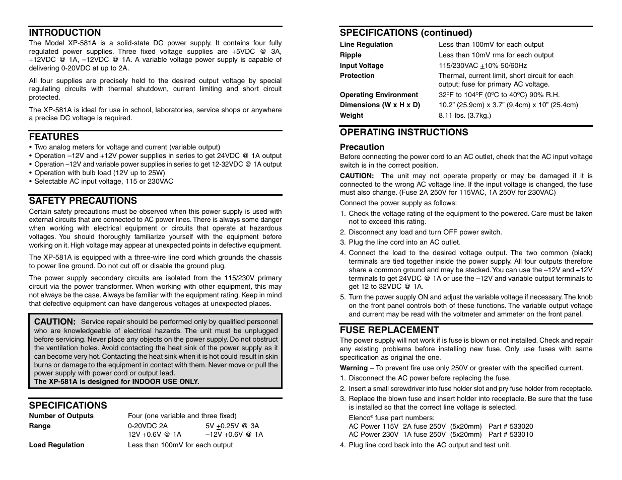 Introduction, Features, Safety precautions | Fuse replacement, Operating instructions, Specifications, Specifications (continued) | Elenco Quad 020V @ 2.5A 3 Fixed User Manual | Page 2 / 2