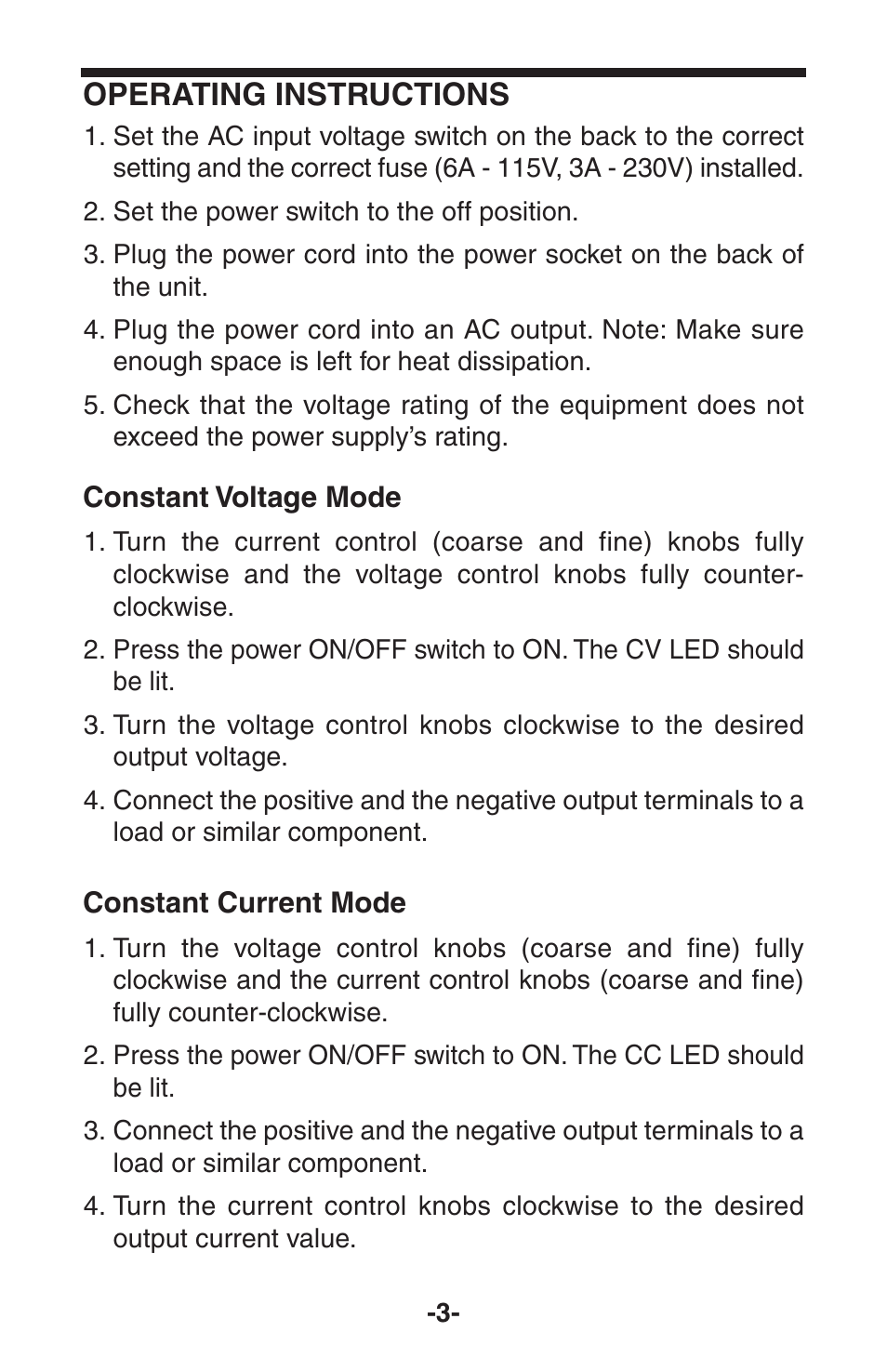 Operating instructions | Elenco 030VDC @ 5A Analog User Manual | Page 4 / 8