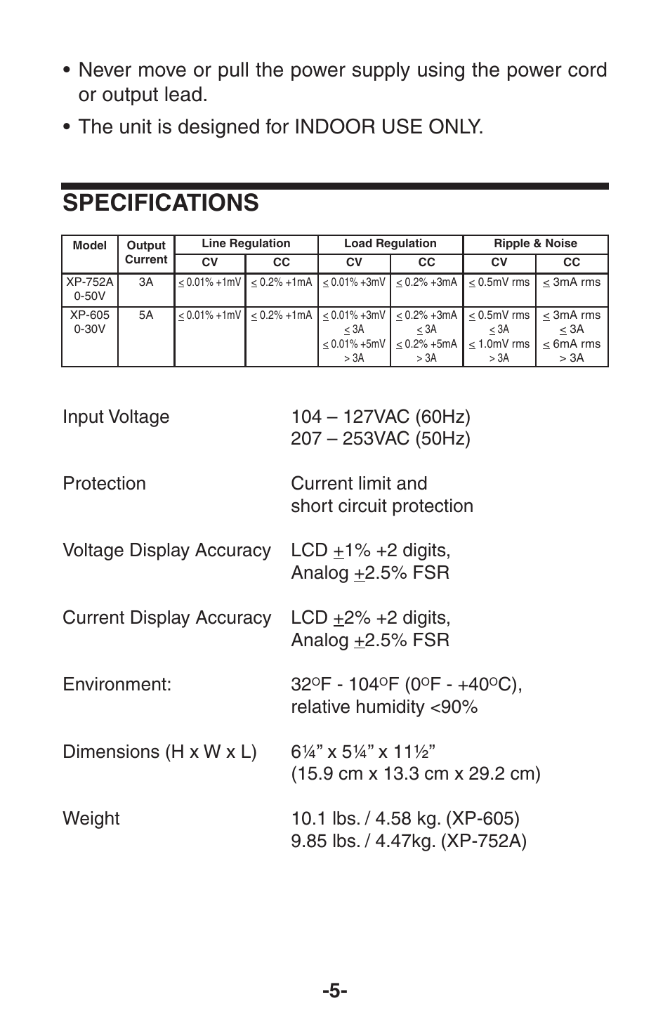 Specifications, F - 104, F (0 | F - +40 | Elenco 030VDC @ 5A Analog User Manual | Page 6 / 8