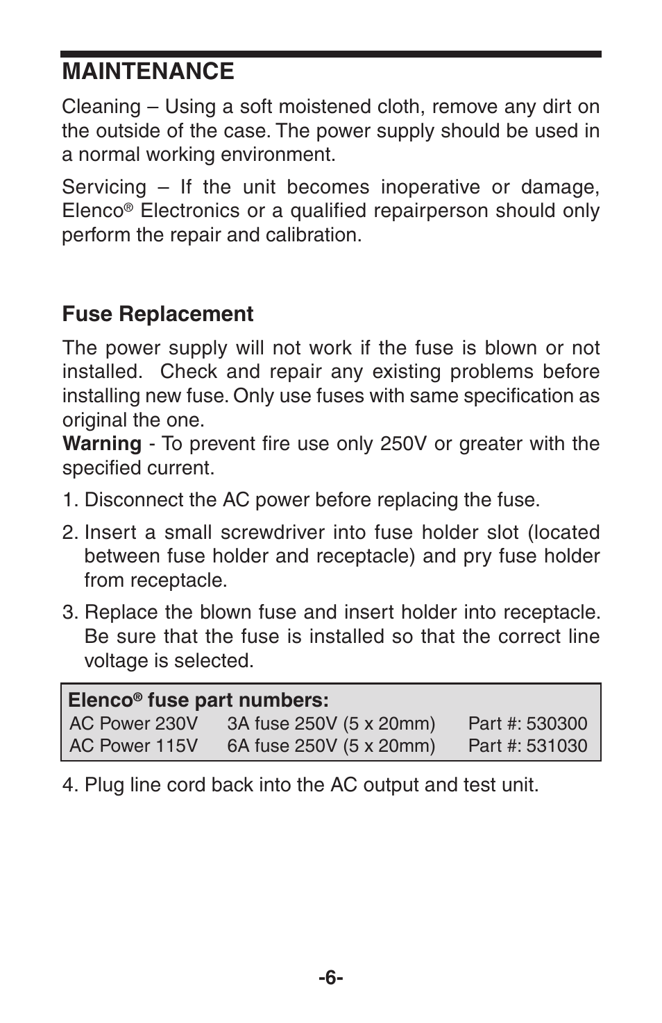 Maintenance, Fuse replacement | Elenco 030VDC @ 5A Analog User Manual | Page 7 / 8