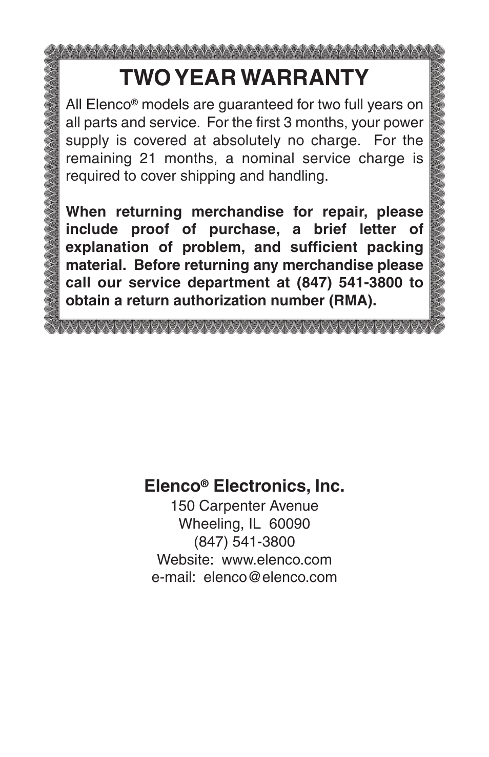 Two year warranty, Elenco, Electronics, inc | Elenco 030VDC @ 5A Analog User Manual | Page 8 / 8