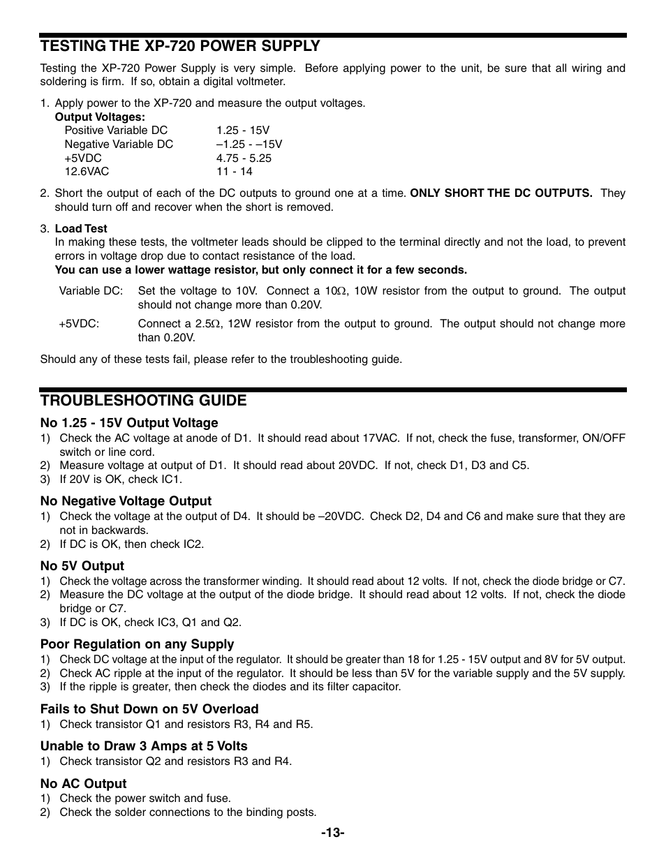 Testing the xp-720 power supply, Troubleshooting guide | Elenco Same as XP720 in Kit Form User Manual | Page 14 / 20