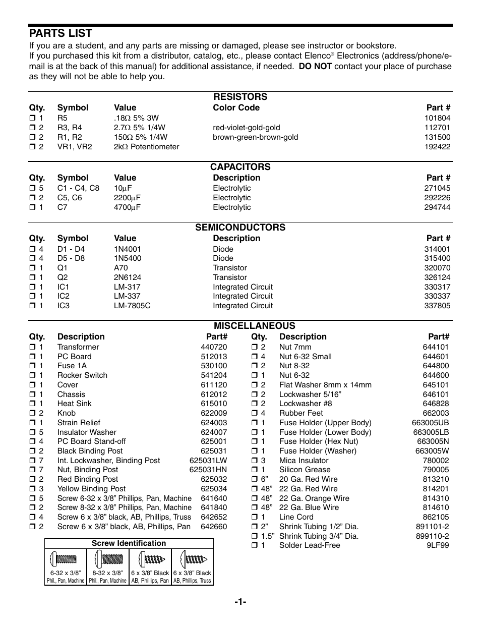 Parts list | Elenco Same as XP720 in Kit Form User Manual | Page 2 / 20