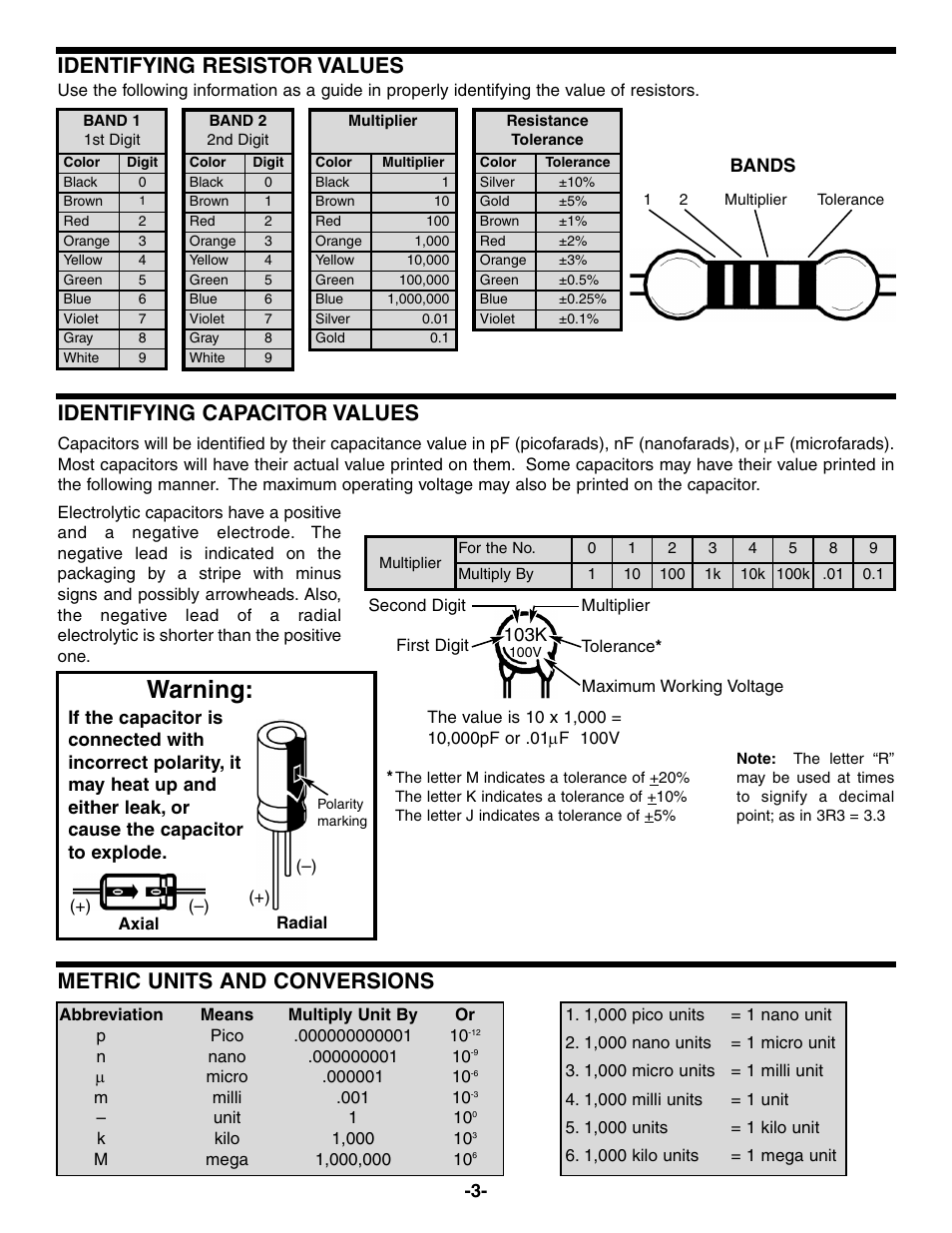 Warning, Identifying resistor values, Metric units and conversions | Identifying capacitor values | Elenco Same as XP720 in Kit Form User Manual | Page 4 / 20