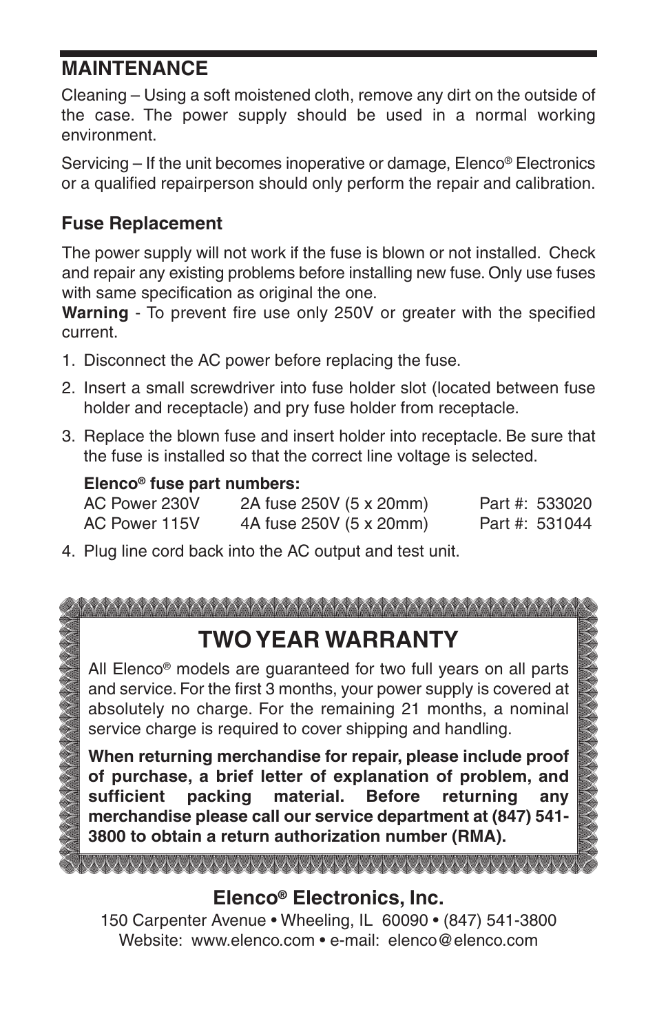 Two year warranty, Elenco, Electronics, inc | Maintenance | Elenco Dual 2A LCD User Manual | Page 8 / 8