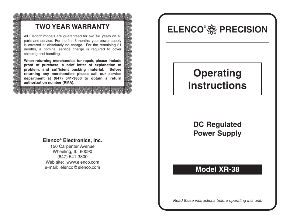 Elenco Regulated 13.8V @ 3A User Manual | 2 pages