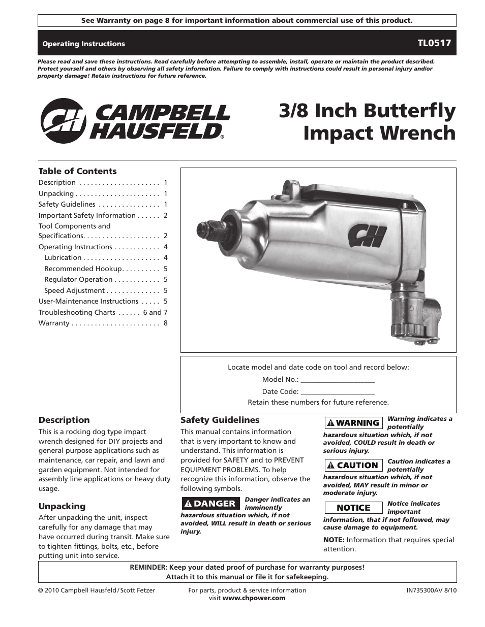 Campbell Hausfeld TL0517 User Manual | 24 pages