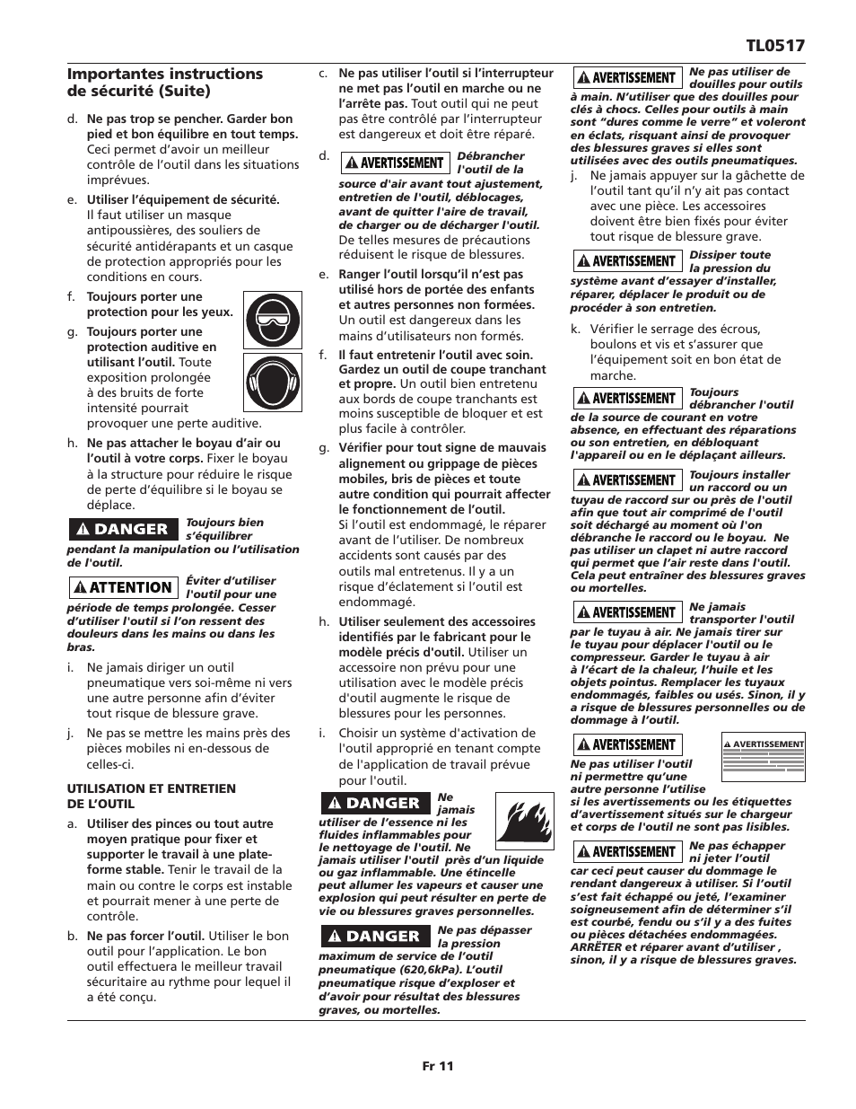 Tl0517, Importantes instructions de sécurité (suite) | Campbell Hausfeld TL0517 User Manual | Page 11 / 24
