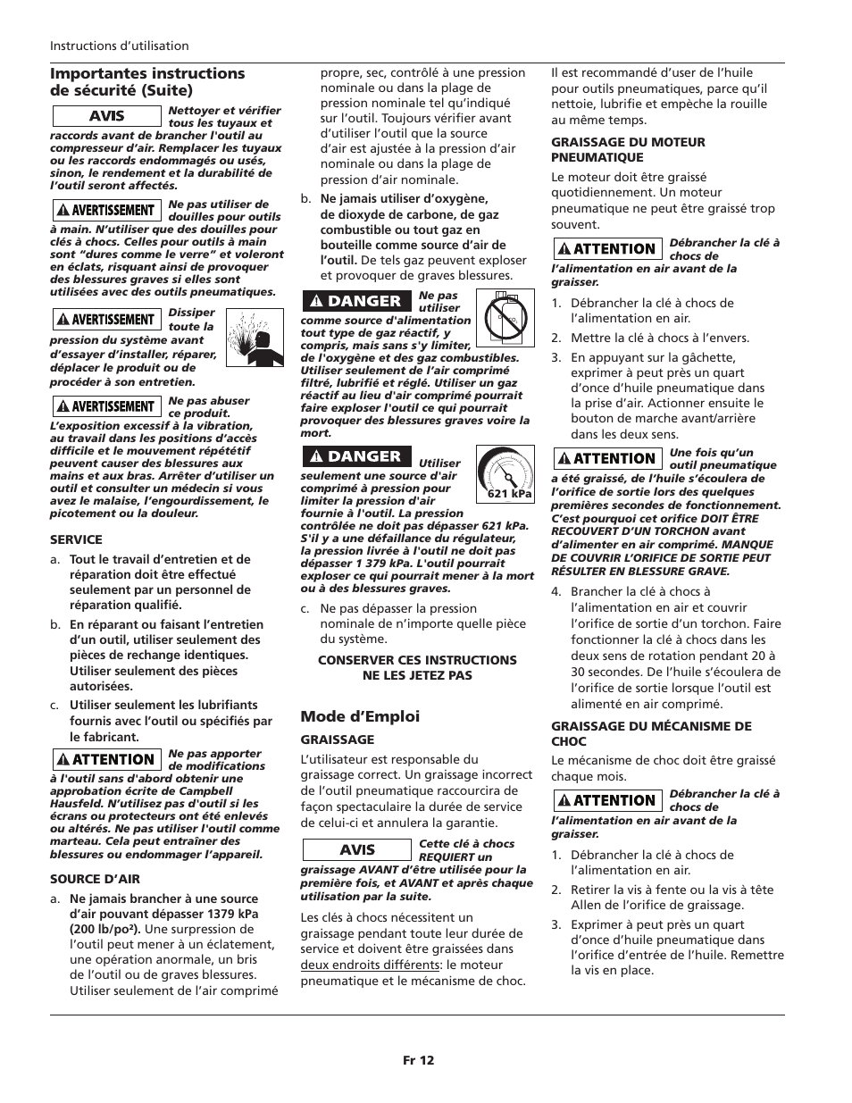 Mode d’emploi, Importantes instructions de sécurité (suite) | Campbell Hausfeld TL0517 User Manual | Page 12 / 24
