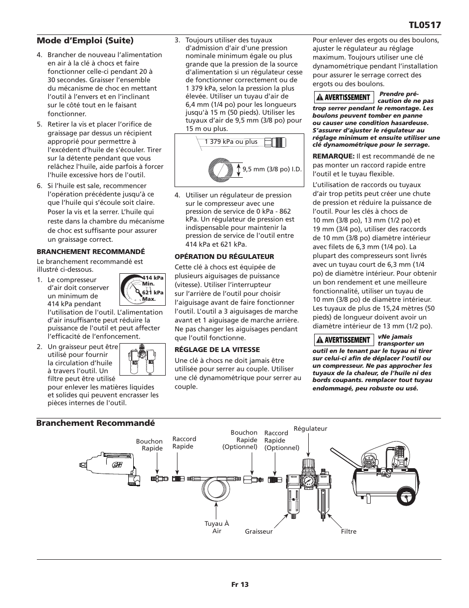 Tl0517, Mode d’emploi (suite), Branchement recommandé | Campbell Hausfeld TL0517 User Manual | Page 13 / 24