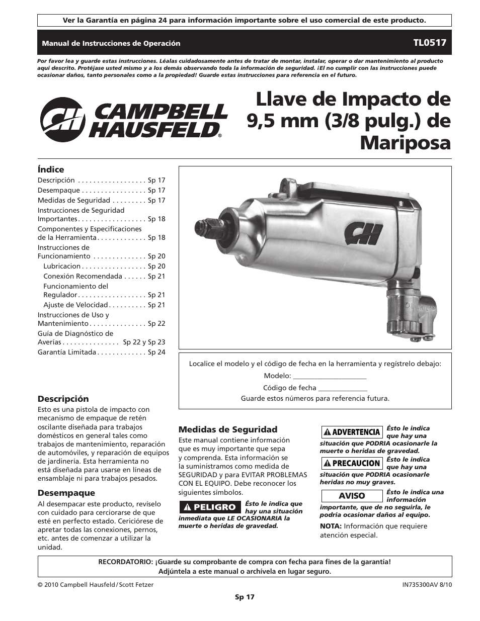 Llave de impacto de 9,5 mm (3/8 pulg.) de mariposa | Campbell Hausfeld TL0517 User Manual | Page 17 / 24