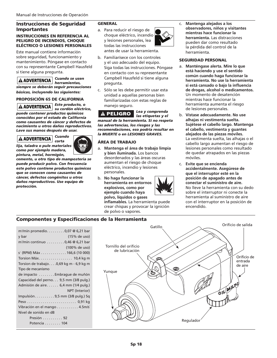 Instrucciones de seguridad importantes, Componentes y especificaciones de la herramienta | Campbell Hausfeld TL0517 User Manual | Page 18 / 24