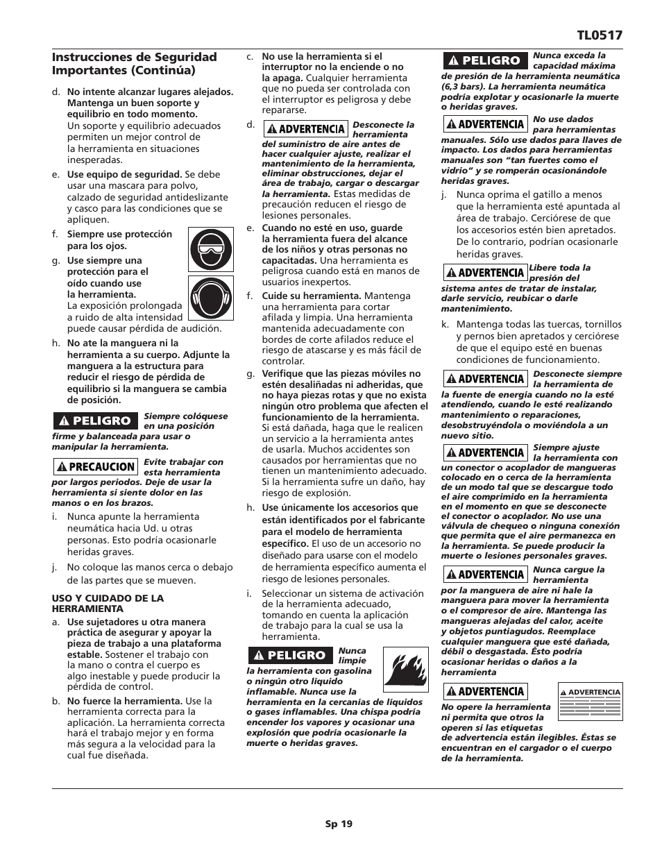 Tl0517, Instrucciones de seguridad importantes (continúa) | Campbell Hausfeld TL0517 User Manual | Page 19 / 24