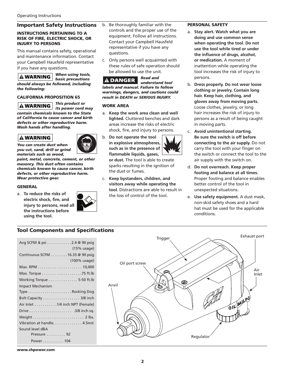 Important safety instructions, Tool components and specifications | Campbell Hausfeld TL0517 User Manual | Page 2 / 24