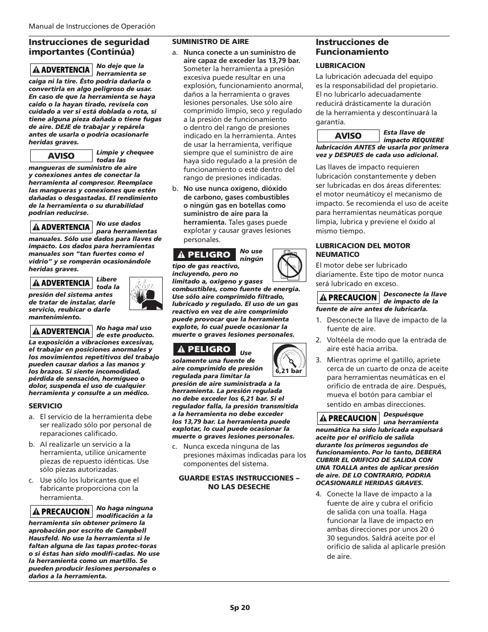 Instrucciones de funcionamiento, Instrucciones de seguridad importantes (continúa) | Campbell Hausfeld TL0517 User Manual | Page 20 / 24