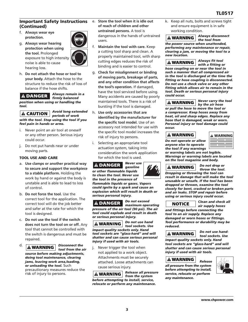 Tl0517, Important safety instructions (continued) | Campbell Hausfeld TL0517 User Manual | Page 3 / 24