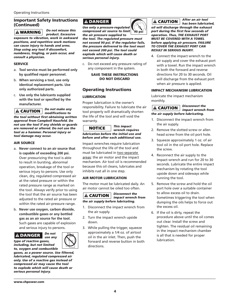 Operating instructions, Important safety instructions (continued) | Campbell Hausfeld TL0517 User Manual | Page 4 / 24