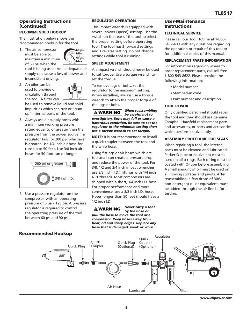 Tl0517, Operating instructions (continued), User-maintenance instructions | Recommended hookup | Campbell Hausfeld TL0517 User Manual | Page 5 / 24