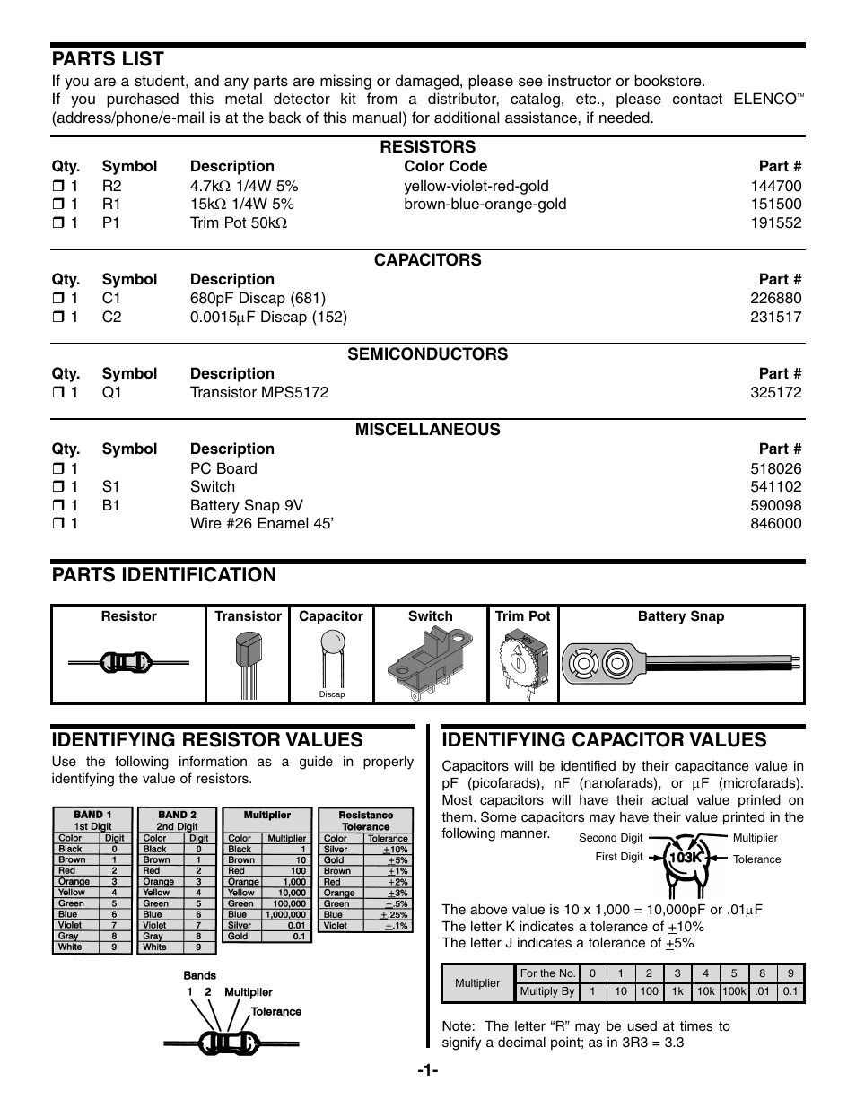 Parts list, Parts identification, Identifying resistor values | Identifying capacitor values | Elenco Metal Detector User Manual | Page 2 / 8