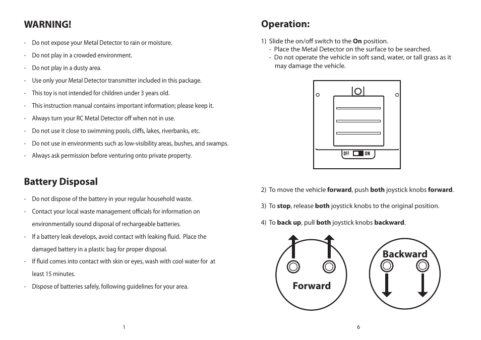Forward backward warning! battery disposal, Operation | Elenco Ranger R/C Metal Detector User Manual | Page 2 / 4