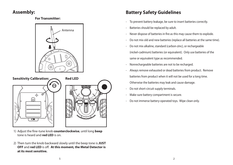 Battery safety guidelines, Assembly | Elenco Ranger R/C Metal Detector User Manual | Page 3 / 4