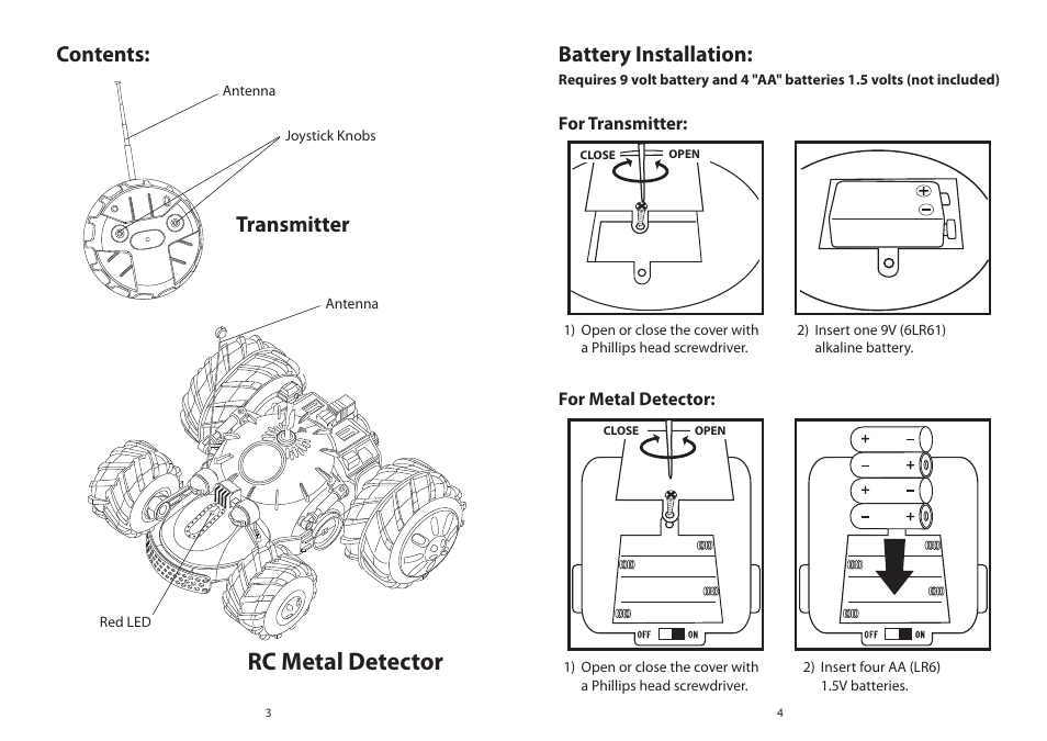 Rc metal detector, Contents: transmitter, Battery installation | Elenco Ranger R/C Metal Detector User Manual | Page 4 / 4