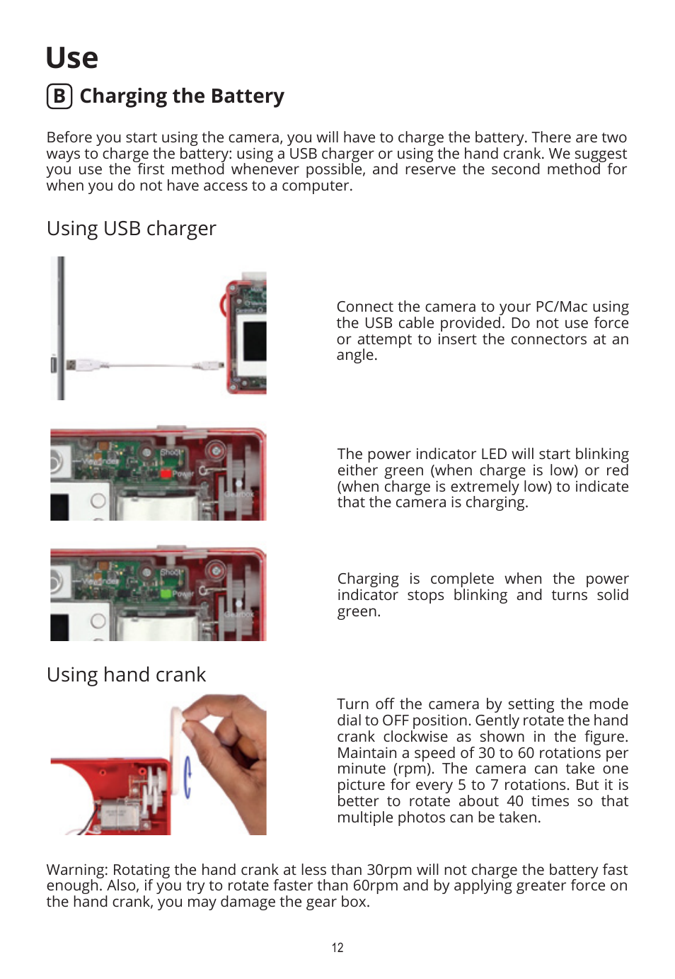 Using hand crank, Using usb charger charging the battery | Elenco Bigshot Camera User Manual | Page 14 / 16