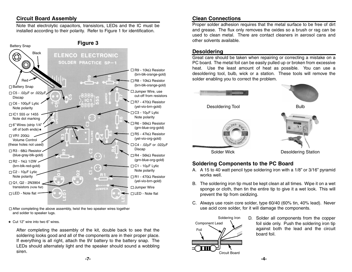 Clean connections, Desoldering, Soldering components to the pc board | Circuit board assembly, Figure 3 | Elenco Solder Practice Kit w/ Iron & User Manual | Page 5 / 6