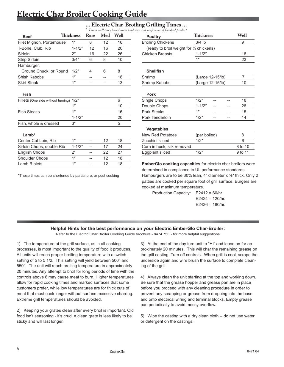 Electric char broiler cooking guide, Electric char-broiling grilling times | EmberGlo E2424 User Manual | Page 6 / 8