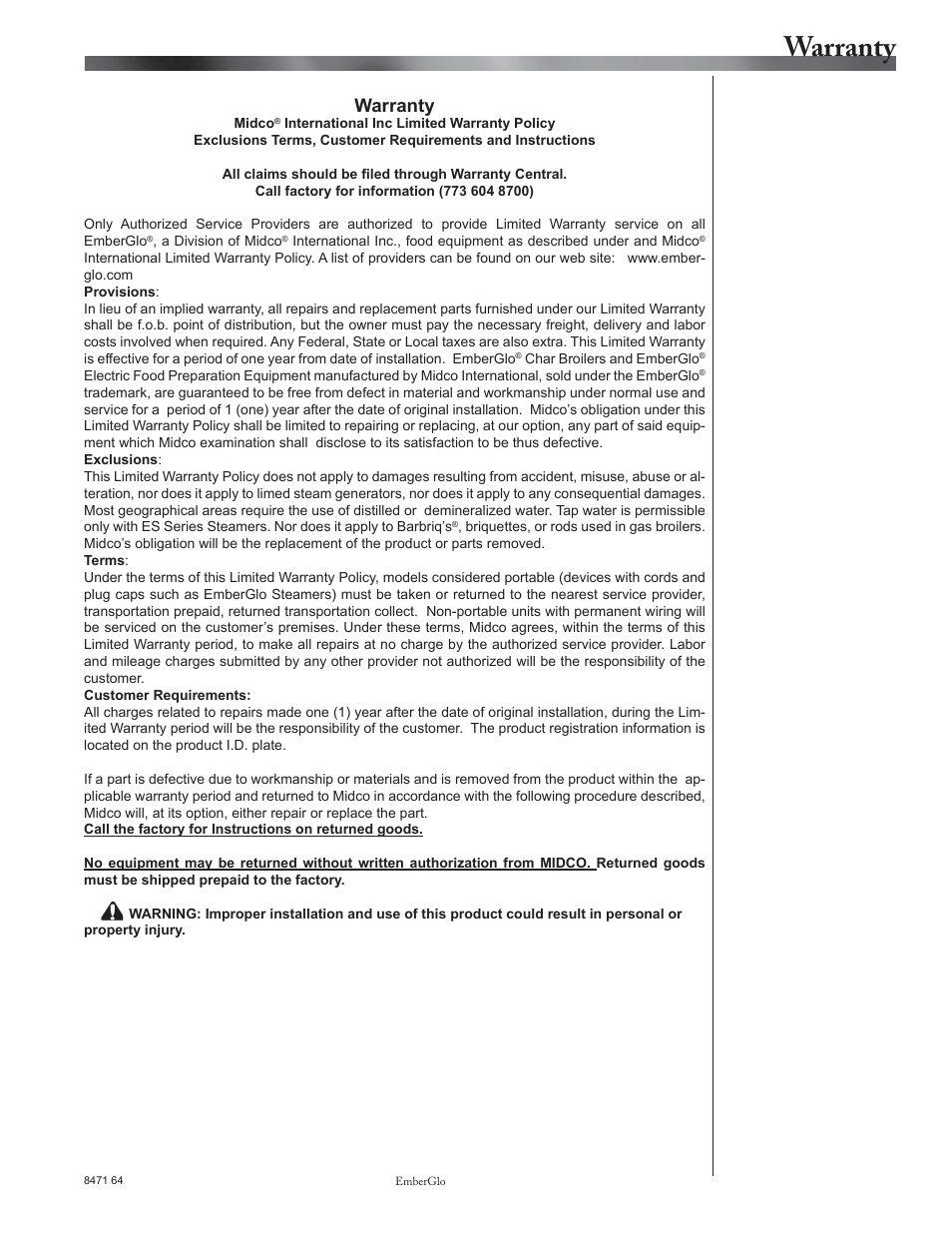 Warranty | EmberGlo E2424 User Manual | Page 7 / 8