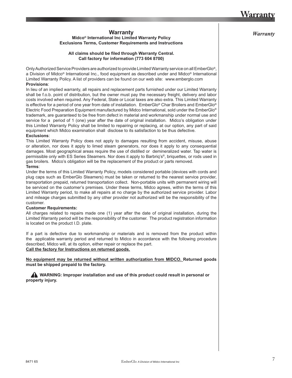 Warranty | EmberGlo E2436 User Manual | Page 7 / 8