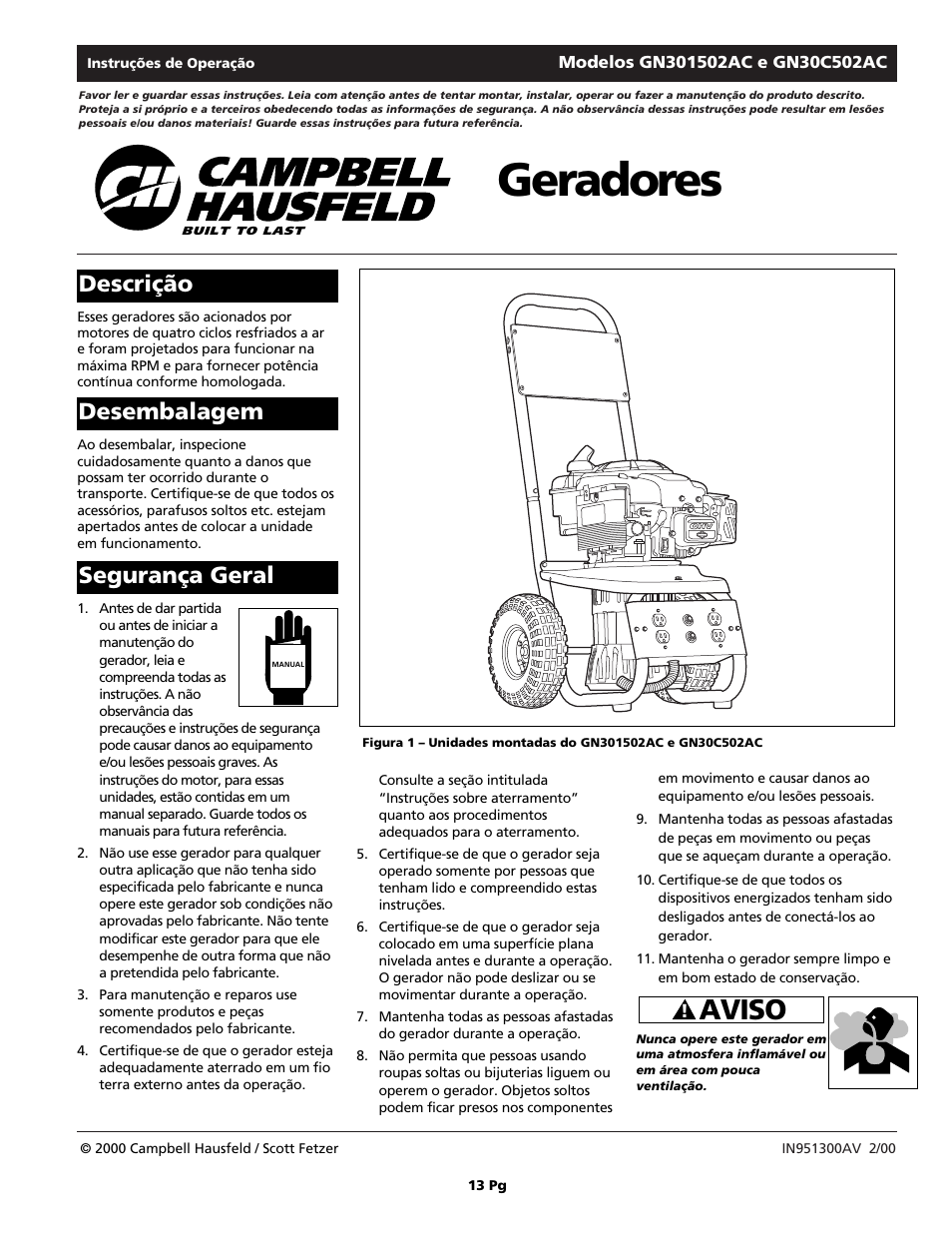 Geradores, Aviso, Descrição desembalagem segurança geral | Campbell Hausfeld GN30c502AC User Manual | Page 13 / 24