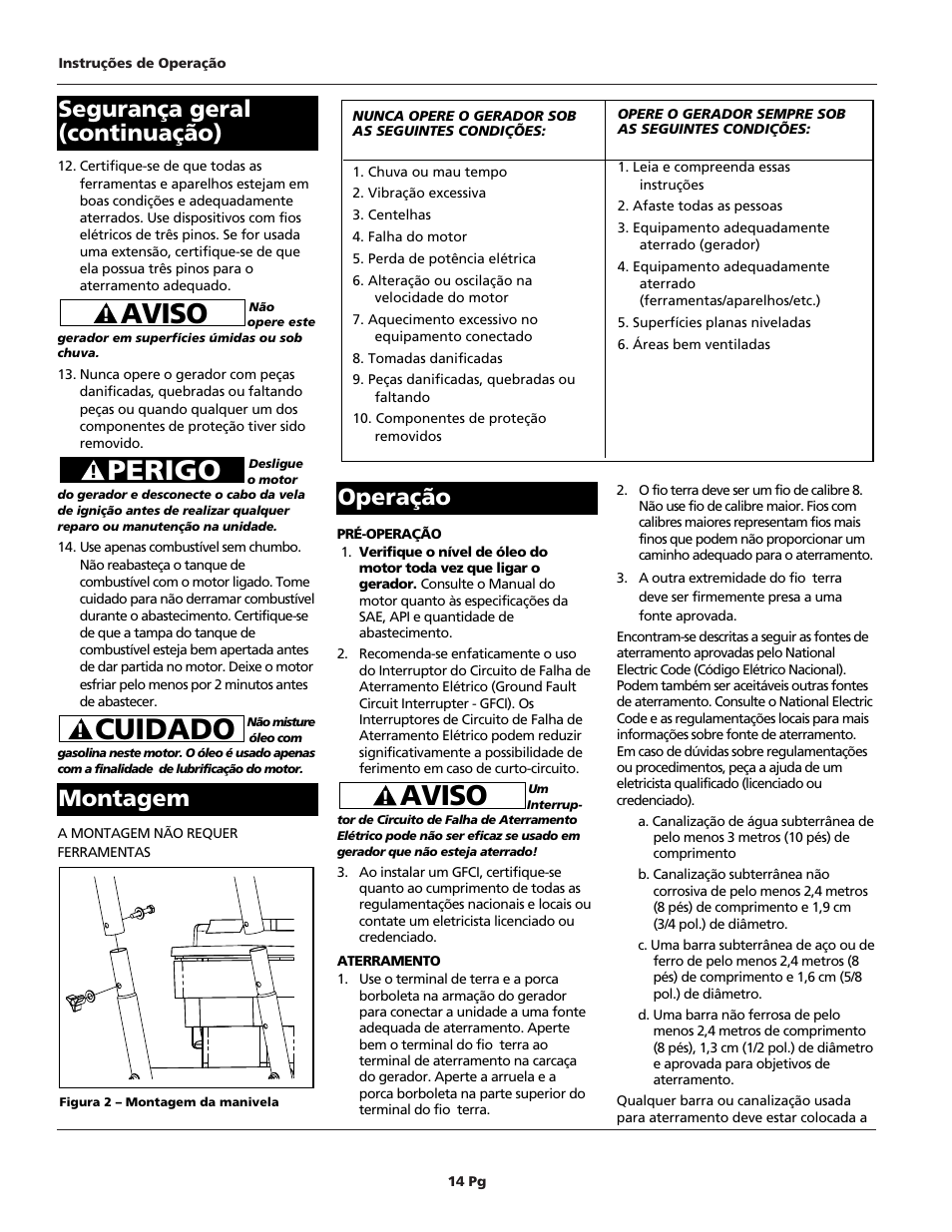 Cuidado, Perigo, Aviso | Operação, Segurança geral (continuação) montagem | Campbell Hausfeld GN30c502AC User Manual | Page 14 / 24
