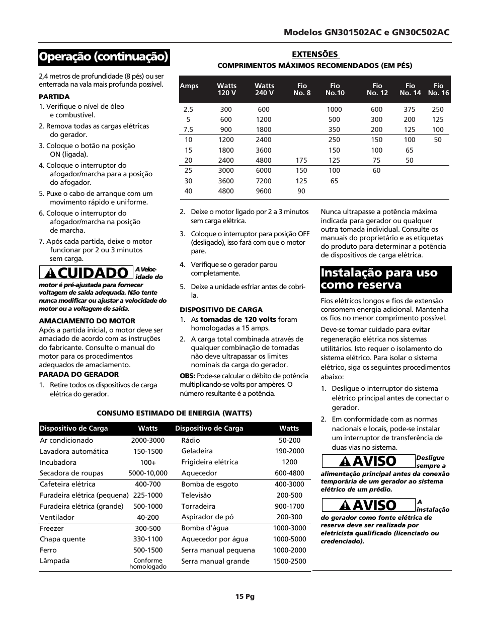 Cuidado, Aviso, Operação (continuação) | Instalação para uso como reserva | Campbell Hausfeld GN30c502AC User Manual | Page 15 / 24