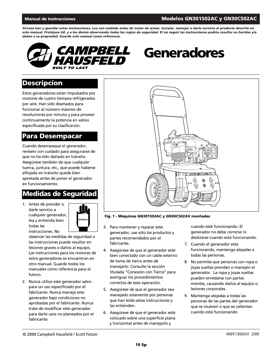 Generadores, Descripcíon para desempacar medidas de seguridad | Campbell Hausfeld GN30c502AC User Manual | Page 19 / 24