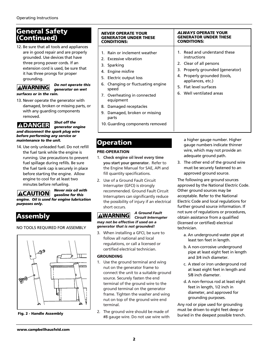 General safety (continued) assembly operation, Caution, Danger | Warning | Campbell Hausfeld GN30c502AC User Manual | Page 2 / 24