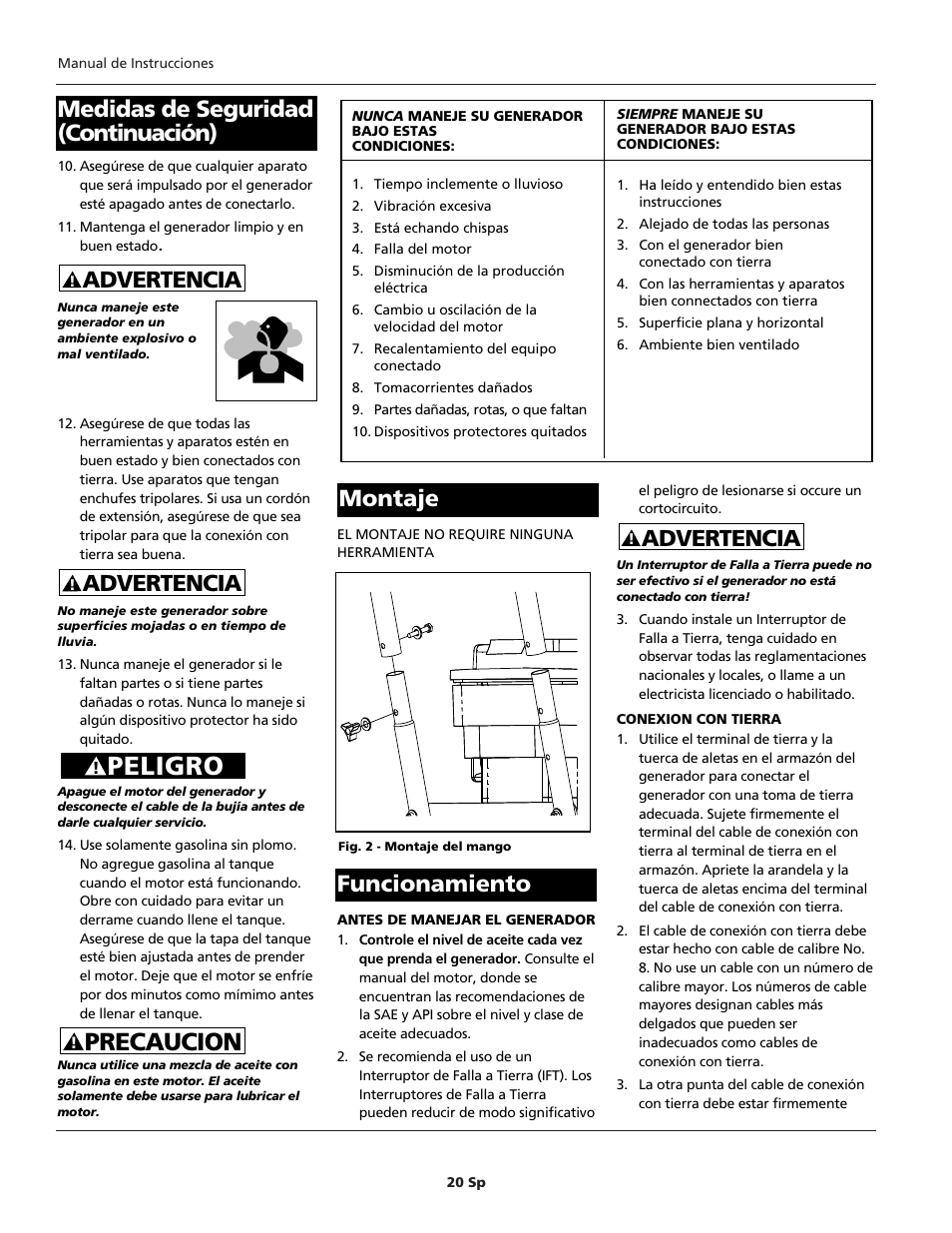 Peligro, Precaucion, Advertencia | Funcionamiento | Campbell Hausfeld GN30c502AC User Manual | Page 20 / 24