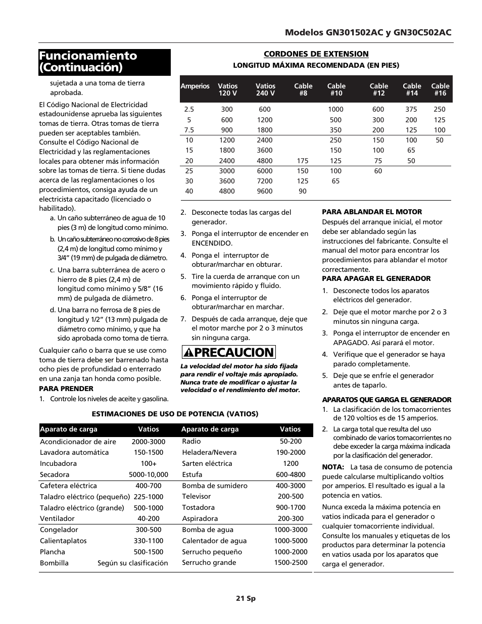 Precaucion, Funcionamiento (continuación) | Campbell Hausfeld GN30c502AC User Manual | Page 21 / 24