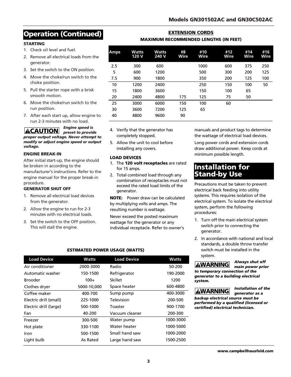 Operation (continued), Installation for stand-by use, Caution | Warning | Campbell Hausfeld GN30c502AC User Manual | Page 3 / 24