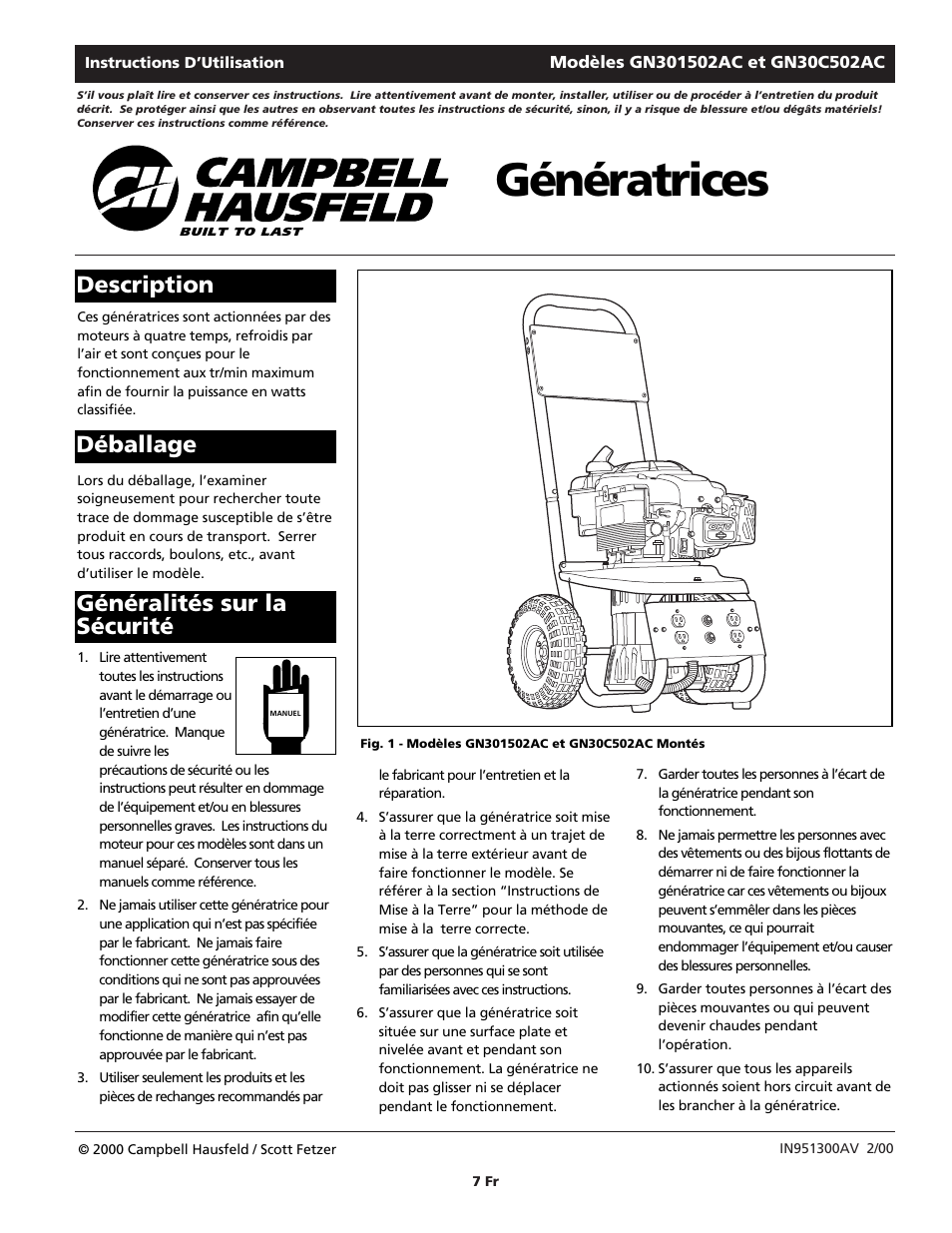 Génératrices, Description, Déballage généralités sur la sécurité | Campbell Hausfeld GN30c502AC User Manual | Page 7 / 24