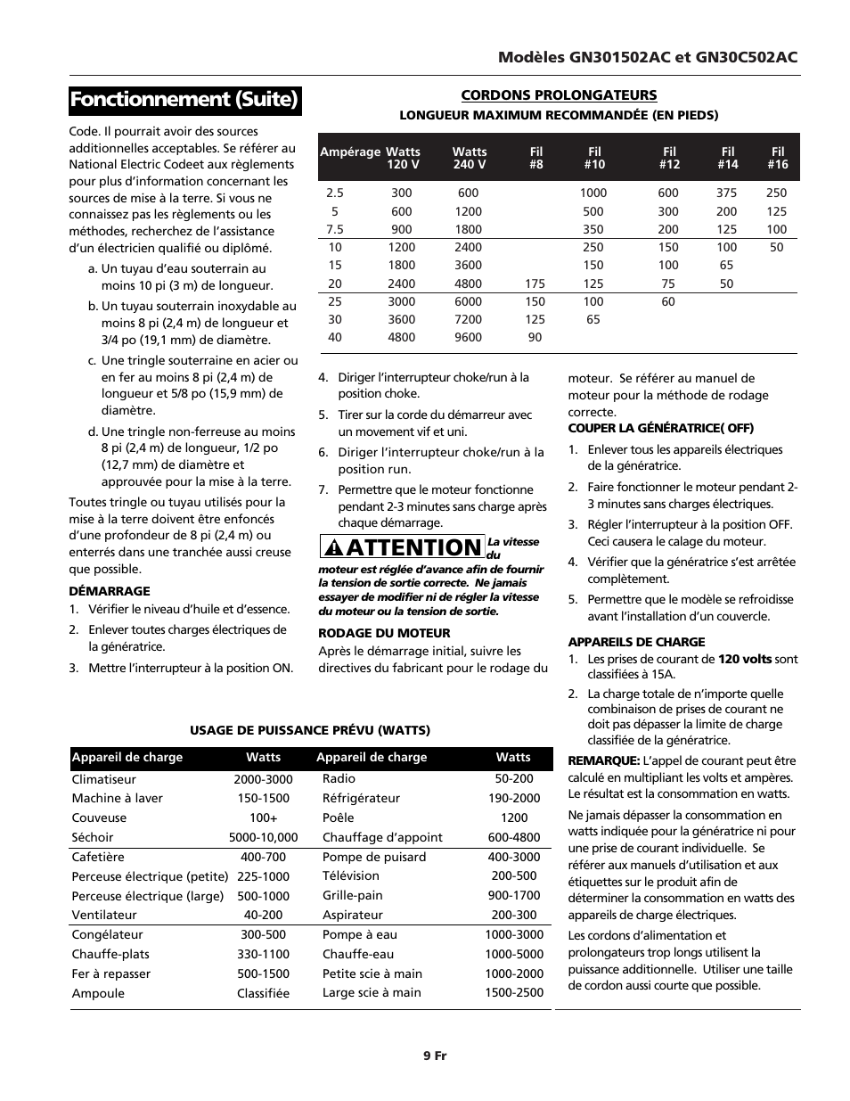 Attention, Fonctionnement (suite) | Campbell Hausfeld GN30c502AC User Manual | Page 9 / 24