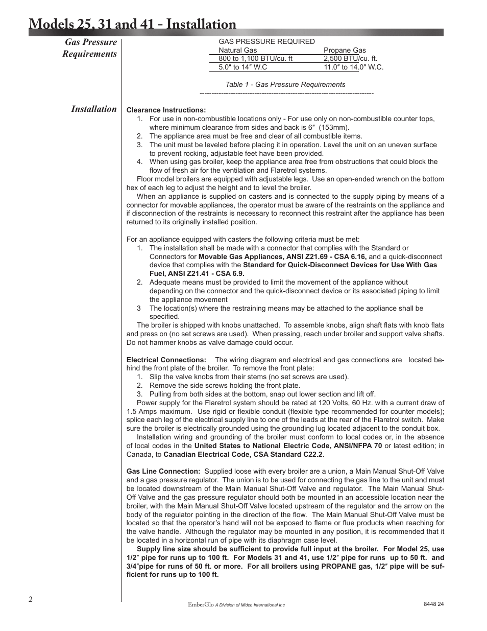 Installation gas pressure requirements | EmberGlo Models 41 User Manual | Page 2 / 8