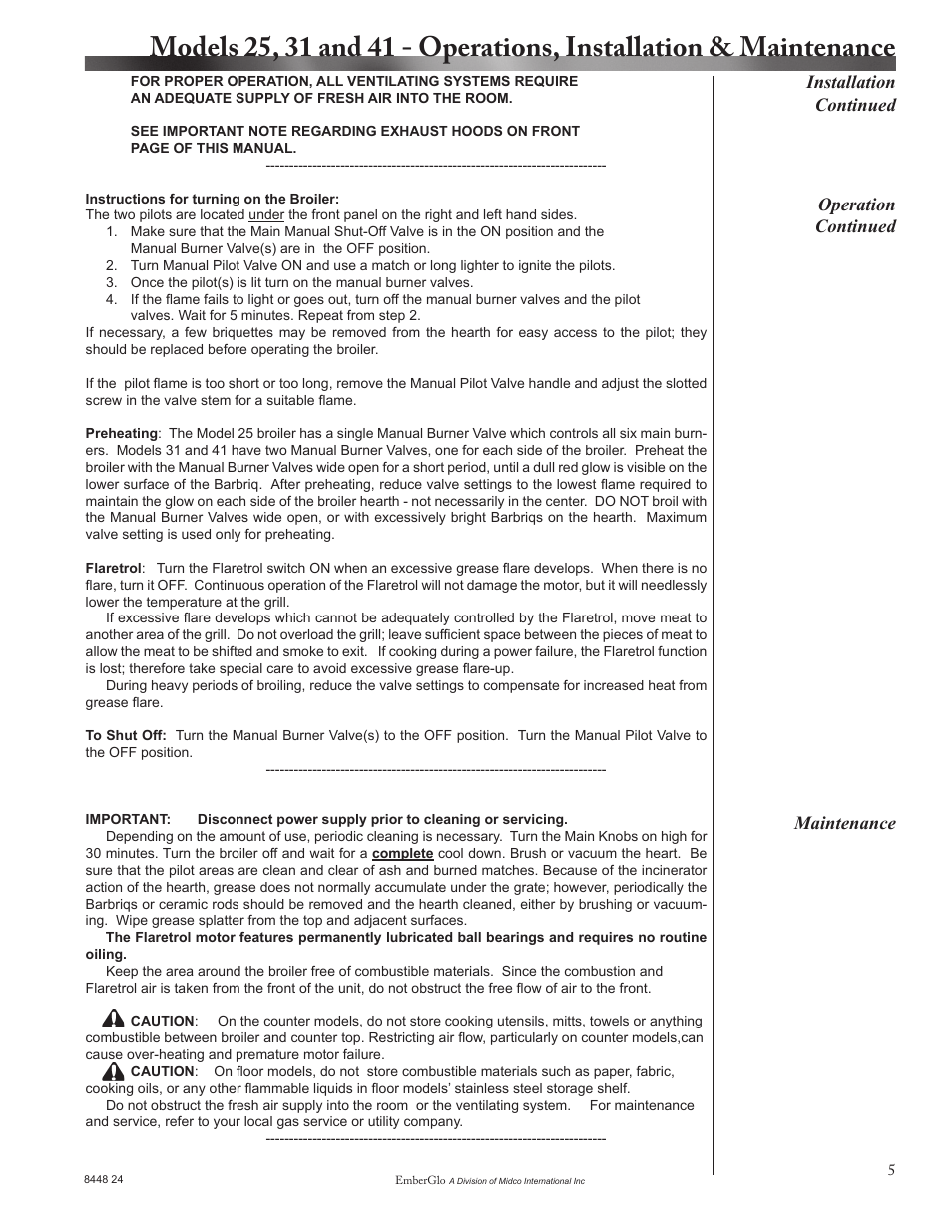 Operation continued maintenance, Installation continued | EmberGlo Models 41 User Manual | Page 5 / 8