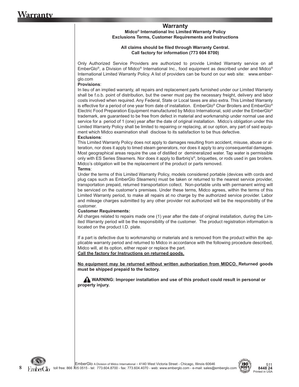 Warranty | EmberGlo Models 41 User Manual | Page 8 / 8