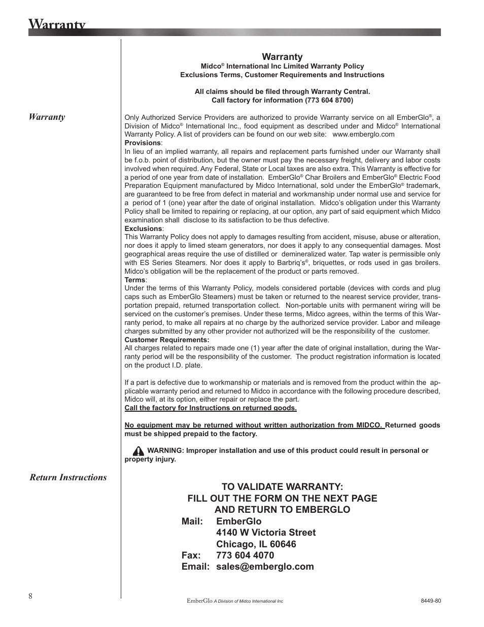 Warranty, Warranty return instructions | EmberGlo Model AR30 User Manual | Page 8 / 9