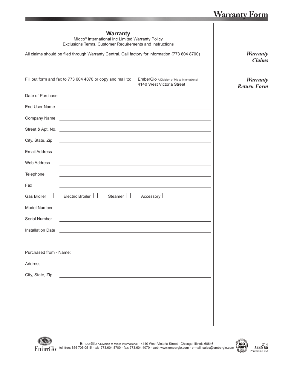 Warranty form, Warranty return form warranty claims warranty | EmberGlo Model AR30 User Manual | Page 9 / 9