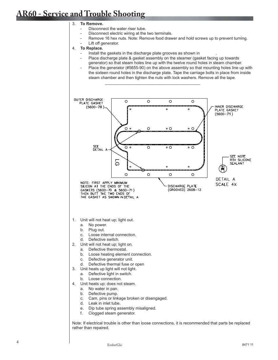 Ar60 - service and trouble shooting, Trouble chart service continued | EmberGlo Model AR60 User Manual | Page 4 / 9